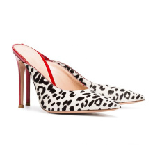 Luxury Ladies Pointed Toe Red Black White Mules Sexy Leopard Print Pony Hair Pumps